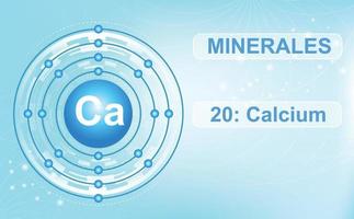 Electronic scheme of the shell of the mineral and the macroelement Ca, calcium, the 20th element of the periodic table of elements. Abstract flat blue gradient background. Information poster.