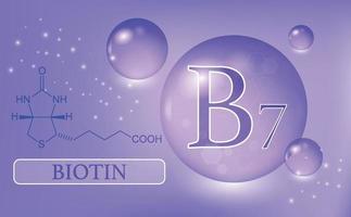 Vitamin B7, biotin, water drops, capsule on a purple background. Vitamin complex with chemical formula. Information medical poster. Vector illustration