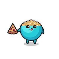 cute cereal bowl cartoon eating pizza vector