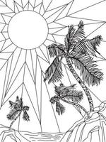 relaxing on a sunny beach with palm trees and the sea coloring book vector