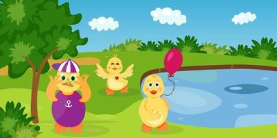 Cartoon ducks walk on the lawn near the lake in summer. Bright vector summer illustration