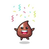 feliz mascota de choco chip saltando por felicitación con confeti de color vector