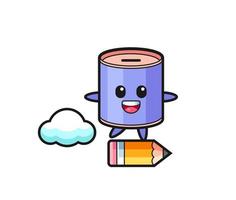 cylinder piggy bank mascot illustration riding on a giant pencil vector