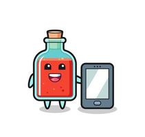 dibujos animados de ilustración de botella de veneno cuadrado sosteniendo un teléfono inteligente vector