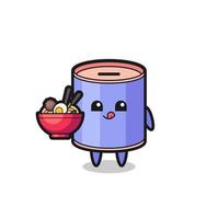 cute cylinder piggy bank character eating noodles vector