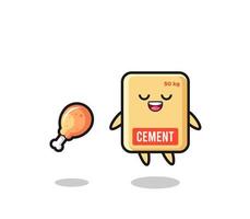 cute cement sack floating and tempted because of fried chicken vector