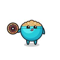 ilustración de un personaje de tazón de cereal comiendo una dona vector