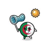 la ilustración de la mascota de la bandera de argelia está atrapando mariposas vector