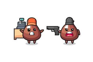 ilustración de la linda choco chip mientras un cajero es apuntado con un arma por un ladrón vector