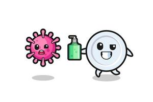 illustration of plate character chasing evil virus with hand sanitizer vector