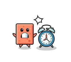 Cartoon Illustration of brick is surprised with a giant alarm clock vector