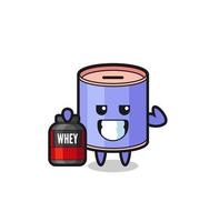 the muscular cylinder piggy bank character is holding a protein supplement vector