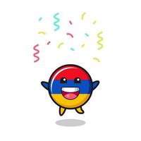 feliz mascota de la bandera de armenia saltando por felicitación con confeti de color vector