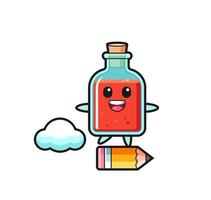 square poison bottle mascot illustration riding on a giant pencil vector