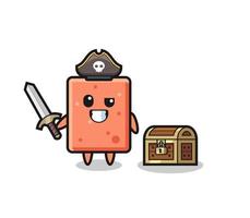 el personaje pirata de ladrillo sosteniendo una espada al lado de una caja del tesoro vector