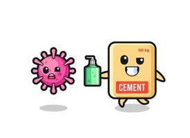 illustration of cement sack character chasing evil virus with hand sanitizer vector