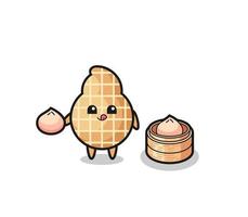 cute peanut character eating steamed buns vector