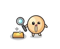 soy bean character is checking the authenticity of the gold bullion vector