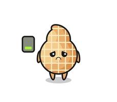 peanut mascot character doing a tired gesture vector