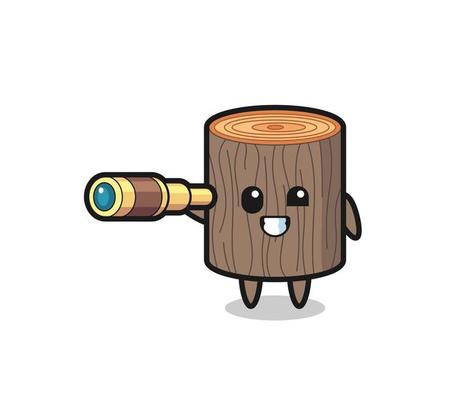 cute tree stump character is holding an old telescope
