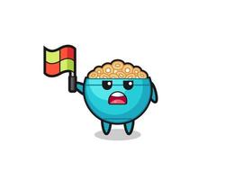 personaje de tazón de cereal como juez de línea levantando la bandera vector