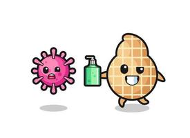 illustration of peanut character chasing evil virus with hand sanitizer vector