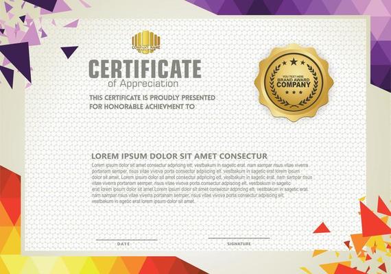 Horizontal certificate template with triangle geometric polygonal background,