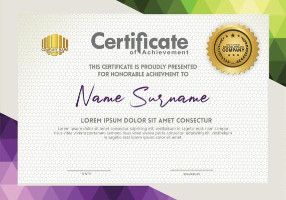 Horizontal certificate template with triangle geometric polygonal background,