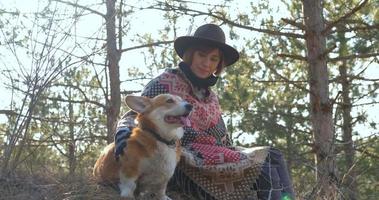 mulher jovem hippie viajar com cachorro corgi