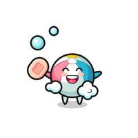 beach ball character is bathing while holding soap vector