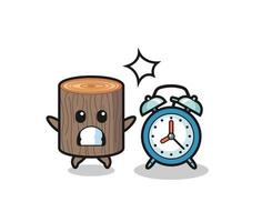 Cartoon Illustration of tree stump is surprised with a giant alarm clock vector