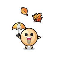 cartoon of the cute soy bean holding an umbrella in autumn vector