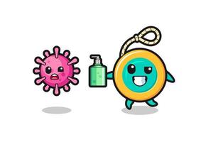 illustration of yoyo character chasing evil virus with hand sanitizer vector