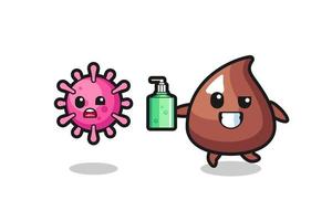 ilustración del personaje de choco chip persiguiendo virus malvados con desinfectante de manos vector