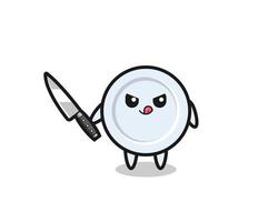 cute plate mascot as a psychopath holding a knife vector