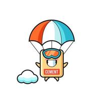 cement sack mascot cartoon is skydiving with happy gesture