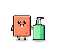 cute brick cartoon with hand sanitizer vector