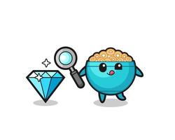 cereal bowl mascot is checking the authenticity of a diamond vector