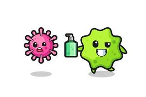 illustration of splat character chasing evil virus with hand sanitizer vector
