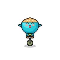 The cute cereal bowl character is riding a circus bike vector