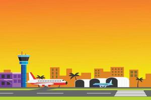 fondo colorido del aeropuerto al atardecer. plantilla de concepto de transporte con espacio vacío para su texto. ilustración vectorial de diseño plano simple. vector