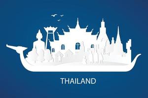 Tailandia con monumentos famosos en la ilustración de vector de estilo de corte de papel. fondo del concepto de viaje.