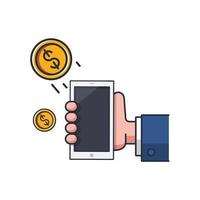 icono de color delgado de transferencia de dinero con ilustración de vector de concepto de teléfono, negocios y finanzas.