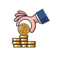 Colored thin icon of cryptocurrency coin with hand, business and finance concept vector illustration.