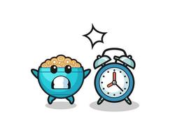 Cartoon Illustration of cereal bowl is surprised with a giant alarm clock vector