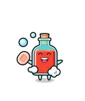 square poison bottle character is bathing while holding soap vector