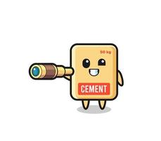 cute cement sack character is holding an old telescope vector