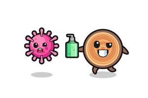 illustration of wood grain character chasing evil virus with hand sanitizer vector