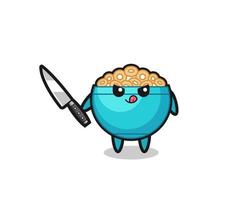 cute cereal bowl mascot as a psychopath holding a knife vector