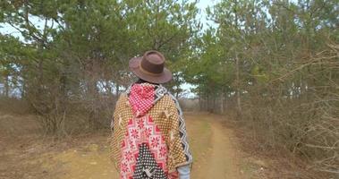 yong hipster donna viaggiatore con cappello e poncho che cammina all'aperto nelle montagne vicino al lago video